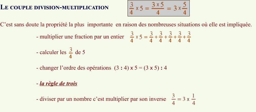 - multiplier une fraction par un entier  - calculer les      de 5  - changer l’ordre des opérations  (3 : 4) x 5 = (3 x 5) : 4  - la règle de trois  - diviser par un nombre c’est multiplier par son inverse   C’est sans doute la propriété la plus  importante  en raison des nombreuses situations où elle est impliquée.  Le couple division-multiplication